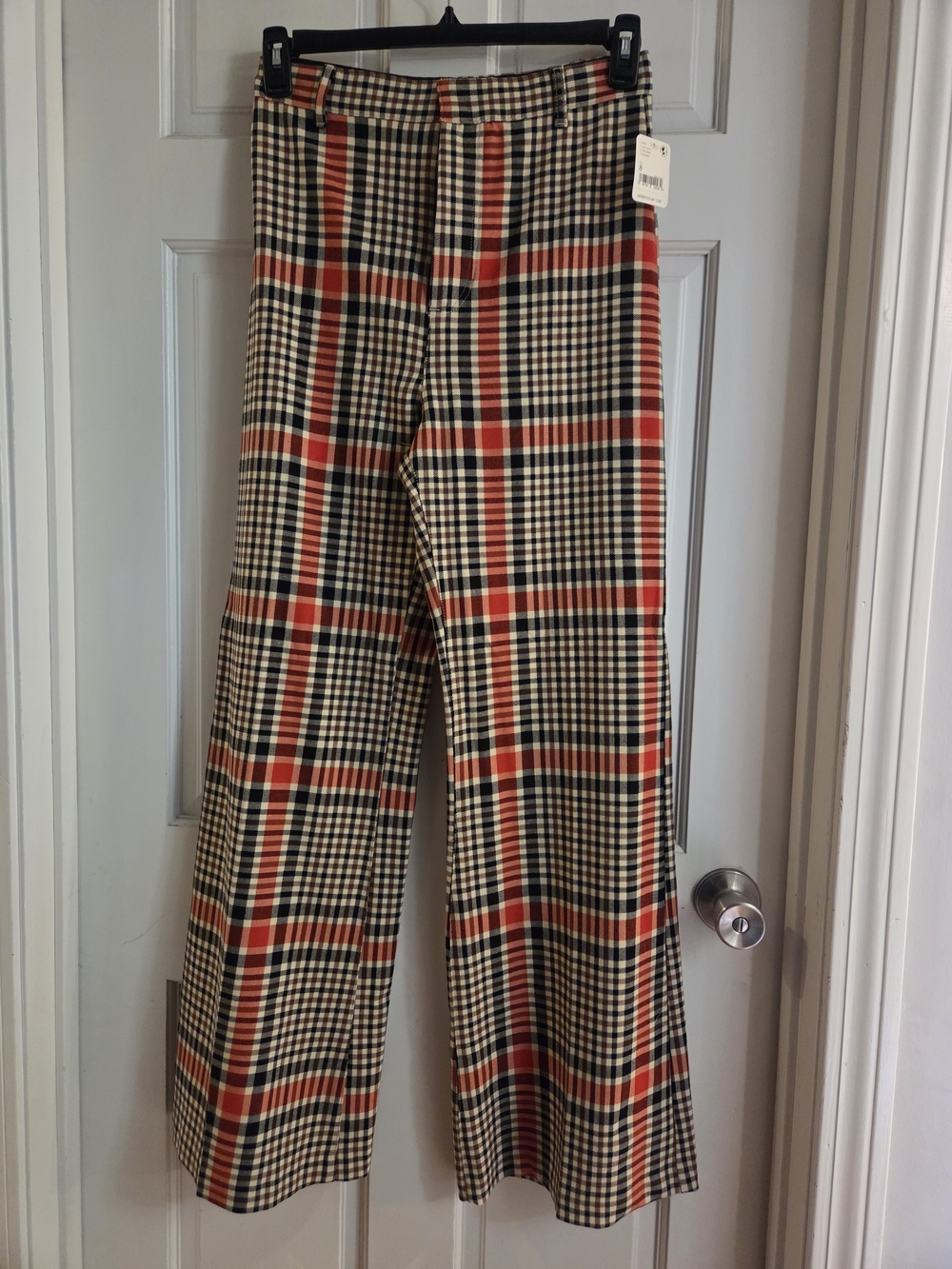 NWT Free People Women's Wide-Leg Plaid Chinos in Cream, Black & Orange Size 8
